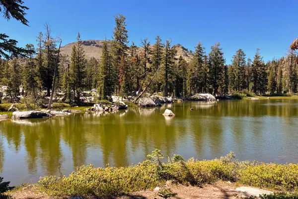 A shallow alpine lake ringed by pines and granite, with a bare peak behind it.